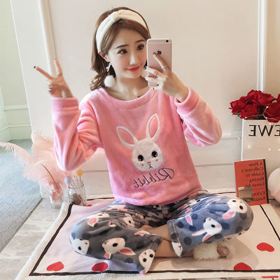韩版甜美可爱大码珊瑚绒睡衣女秋冬加厚长袖法兰绒家居服春秋套装