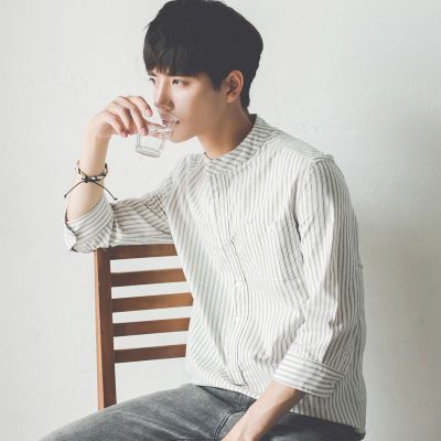 【优品】学生韩版修身竖条纹7七分袖白衬衫潮流短袖夏衬衣男帅气