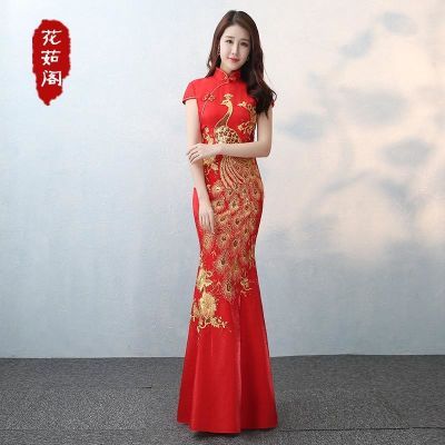 敬酒服新娘2018新款春款鱼尾旗袍长款修身中式复古结婚礼服