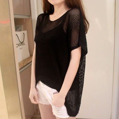 毛衣女学生韩版宽松可爱修身上衣女夏外搭半高领短袖女镂空短袖女