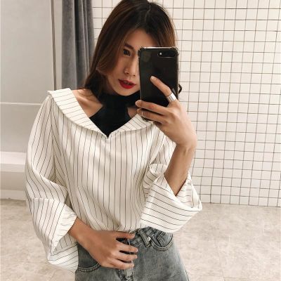 春装新款女装韩版宽松V领拼接挂脖假两件上衣女学生露肩条纹衬衫