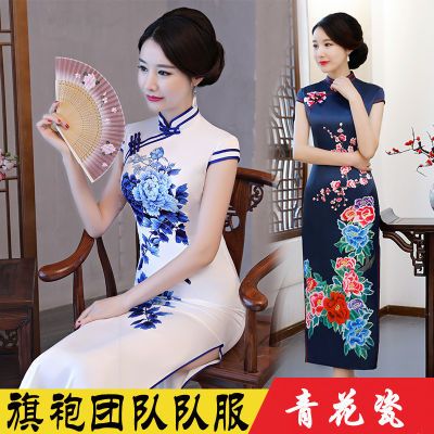 新品青花瓷丝绸旗袍双层长款走秀旗袍裙表演民族风旗袍连衣裙夏