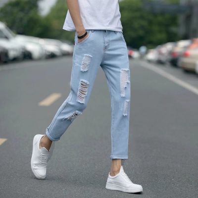 春秋薄款男士九分破洞裤牛仔裤韩版潮流修身小脚9分乞丐裤裤子男
