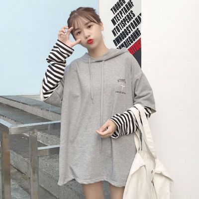 秋装韩版个性假两件条纹拼接宽松连帽原宿风薄款卫衣中长款学生女