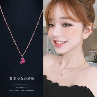 日韩国简约18k玫瑰金项链女纯银锁骨链水钻爱心吊坠时尚百搭配饰