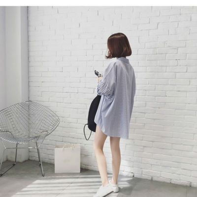 2018不规则时尚中长条纹?#32435;?#22899;秋季拼接心机慵懒新品温柔bf宽松潮