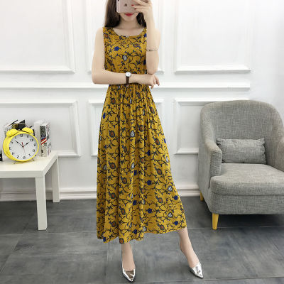 棉绸中长款连衣裙女2018夏季新款碎花无袖背心裙大码显瘦印花裙子