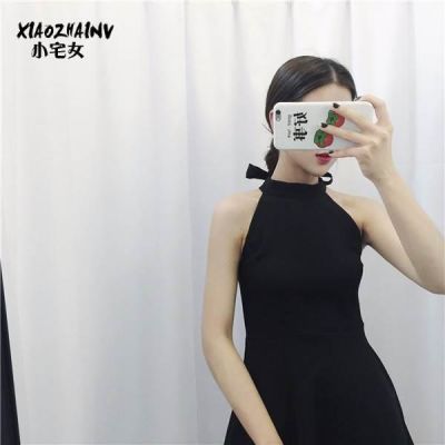 连衣裙女夏季2018新款女露肩少女蝴蝶结收腰修身无袖背心裙吊带裙