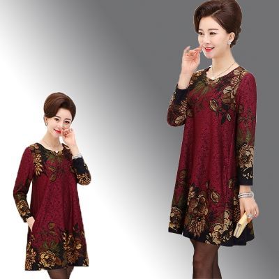 2018新款秋装妈妈连衣裙时尚婚礼服中老年女装中长款打底衫40-50
