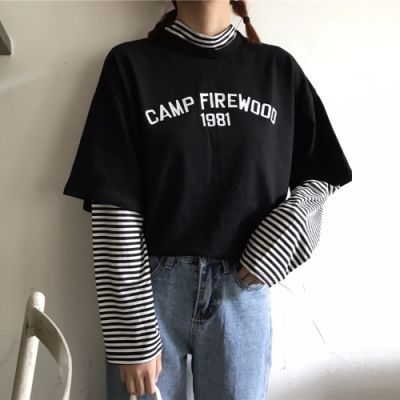 港味chic条纹拼接假两件长袖t恤女韩版怪味少女高领打底衫女上衣