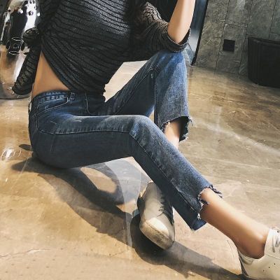 微喇叭裤女高腰2018春秋牛仔学生chic裤子小直筒微喇九分裤