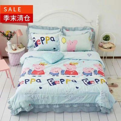 卡通佩琪小猪夏被四件套水洗棉韩版夏凉被+床单+枕套网红全棉纯棉