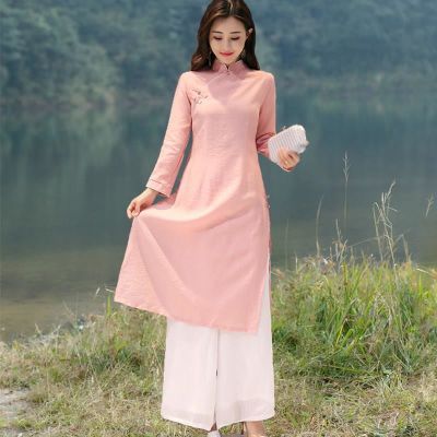 改良文艺棉麻连衣裙中长款两件套套装中国风女装禅意茶人服旗袍秋