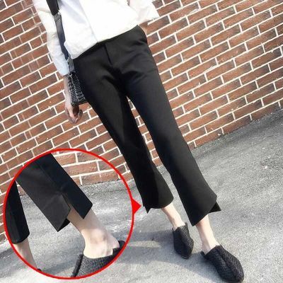 阔腿裤女2018春夏新款黑色显瘦开叉微喇叭裤高腰休闲九分直筒裤子