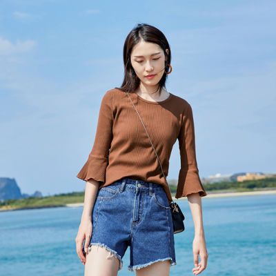 94%棉喇叭袖短袖T恤女2018夏新款女装弹力修身圆领针织打底衫上衣