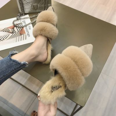 狐狸毛网红拖鞋女2018秋冬季时尚尖头毛毛鞋粗跟包头中跟半拖鞋女