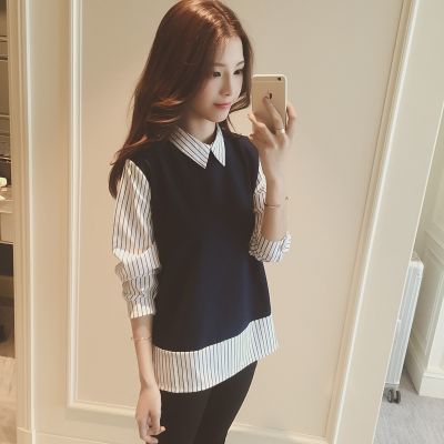 秋衣女外穿2018新款宽松假两件学生上衣服条纹拼接T恤长袖打底衫