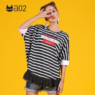 a02商场同款少女风蝙蝠袖拼接系带条纹T恤 D1S5A0991KT