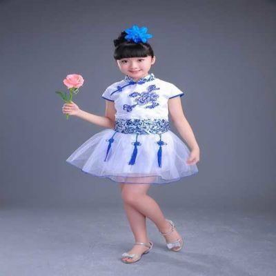 2018新唐装韩版青花瓷演出服女童连衣裙男童套装幼儿园六一表演服