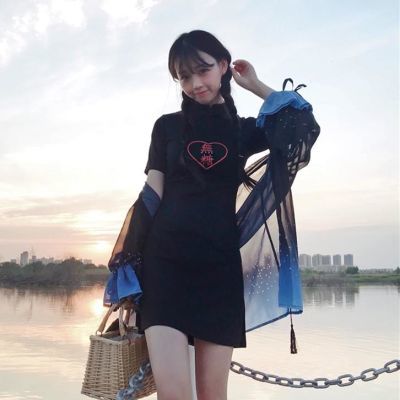 M夏季新款中国风复古改良旗袍无糖少女短袖黑色连衣裙+开衫防晒衣