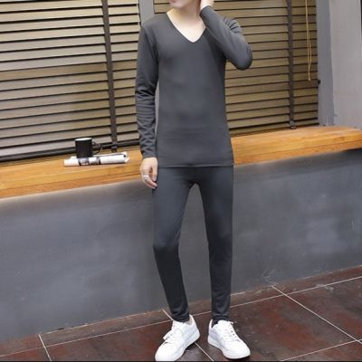 超薄加絨男士保暖內衣v領套裝時尚青年秋衣秋褲緊身彈力打底衫