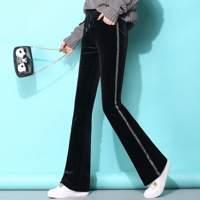 2018秋金丝绒ulzzang微喇叭裤女长裤复古黑色条纹运动大码阔腿裤