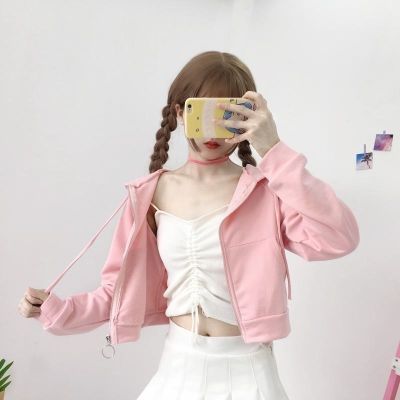 小清新百搭纯色连帽短款扣环拉链帽衫短外套秋冬女装学生修身上衣