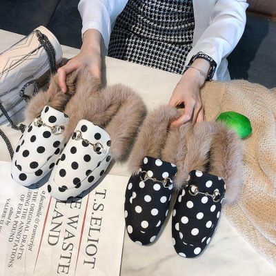 兔毛拖鞋女秋冬欧美包头加厚毛毛外穿粗跟半拖鞋方头懒人穆勒鞋