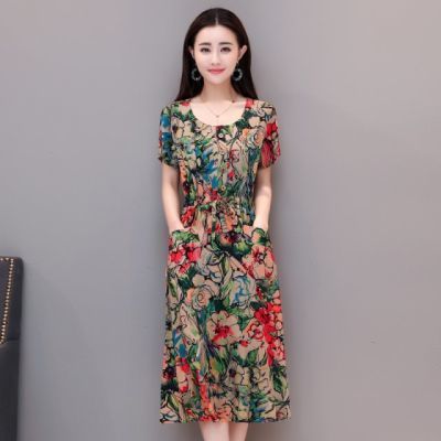 大码修身顺滑广场舞短袖质感夏得体印花裙时尚大方妈妈装连衣裙40