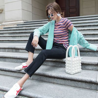 2018秋季韩版微喇叭裤女装裤脚不规则百搭九分裤学生显瘦牛仔裤子