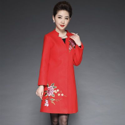 中老年冬款妈妈装毛呢外套女装刺绣民族风大码羊绒大衣婚宴婚礼服