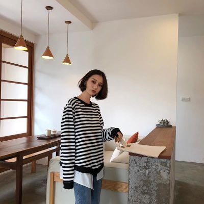 EKOOL假两件拼接条纹宽松圆领套头卫衣女秋2018新款显瘦休闲上衣