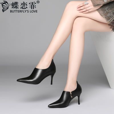 蝶恋霏 春季女鞋欧美真皮搭扣粗跟高跟鞋方头小皮鞋深口单鞋女