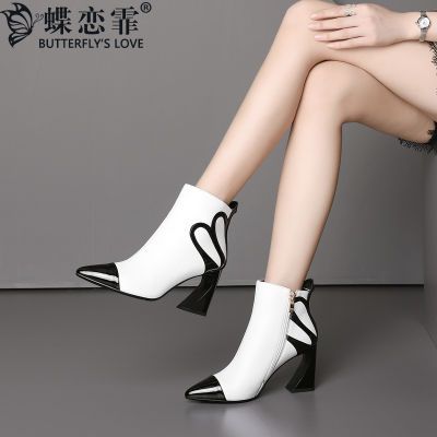 蝶恋霏 秋季尖头粗跟单鞋女时尚欧美撞色气质真皮女鞋侧拉链高跟