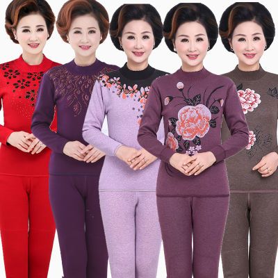 中老年保暖内衣女加绒加厚套装大码全棉老人秋衣秋裤中高领妈妈装