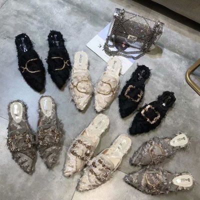 欧洲站2018秋季新款社会女拖鞋尖头包头低跟穆勒鞋水钻方扣半拖潮