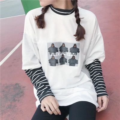 2018春季韩版女装拼接百搭宽松假两件上衣条纹高领学生卫衣长袖潮
