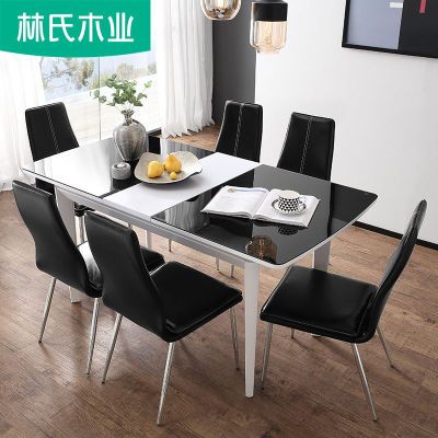 林氏木业现代变形伸缩餐桌椅组合一桌四椅家用餐厅白色饭桌LS019
