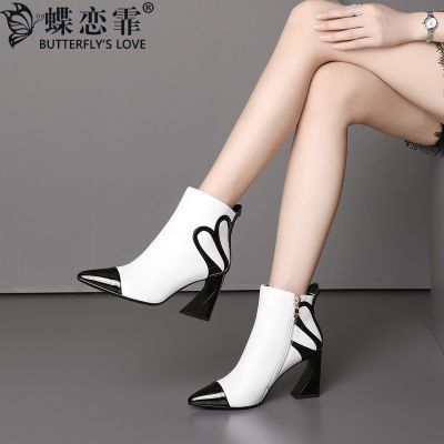 蝶恋霏秋季尖头粗跟单鞋女时尚欧美撞色气质真皮女鞋侧拉链高跟