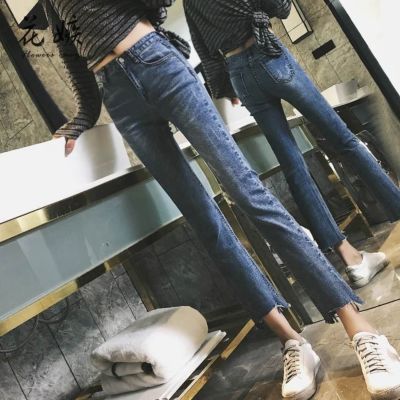 裤子女学生韩版牛仔裤秋装新款喇叭裤高腰直筒九分裤2018牛仔裤女