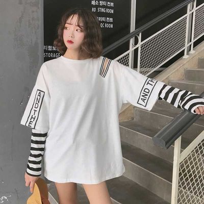 中长款长袖T恤女秋季 韩版宽松原宿风学生假两件露肩条纹拼接上衣
