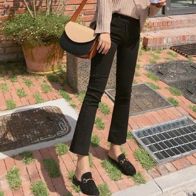 秋季九分牛仔裤女韩版高腰黑色微喇叭牛仔裤女9分宽松阔腿裤子女