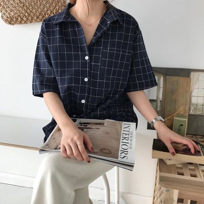 春装2018新款女女装韩版ulzzang格子衬衣复古学生衬衫短袖上衣潮