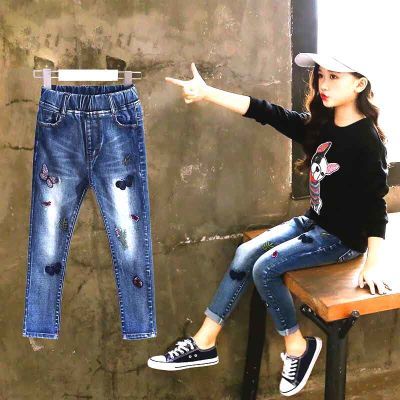 女童牛仔裤破洞夏韩版七分裤小女孩喇叭裤儿童裤子男夏天松紧牛仔