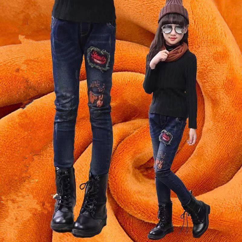 Plush and single autumn girl's wear children's slim autumn Pants Girls' Slim jeans