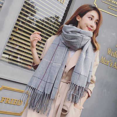 秋冬新款围巾女学生韩版百搭仿羊绒加厚披肩格子长款流苏围巾围脖
