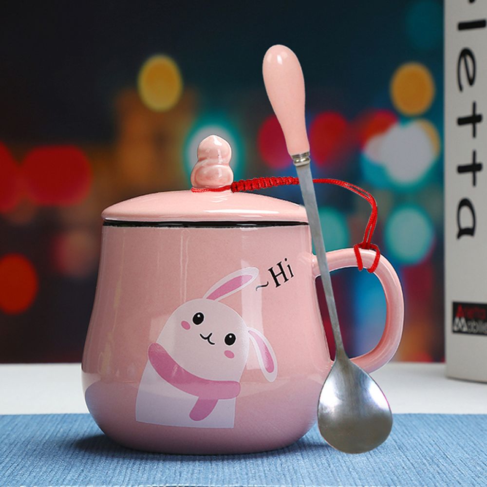 简约杯子陶瓷水杯女可爱动物马克杯情侣学生杯带盖勺咖啡杯早餐杯