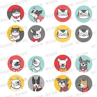 卡通可爱宠物猫咪狗狗头像logo图案抱枕贴纸手机壳ui设计矢量素材