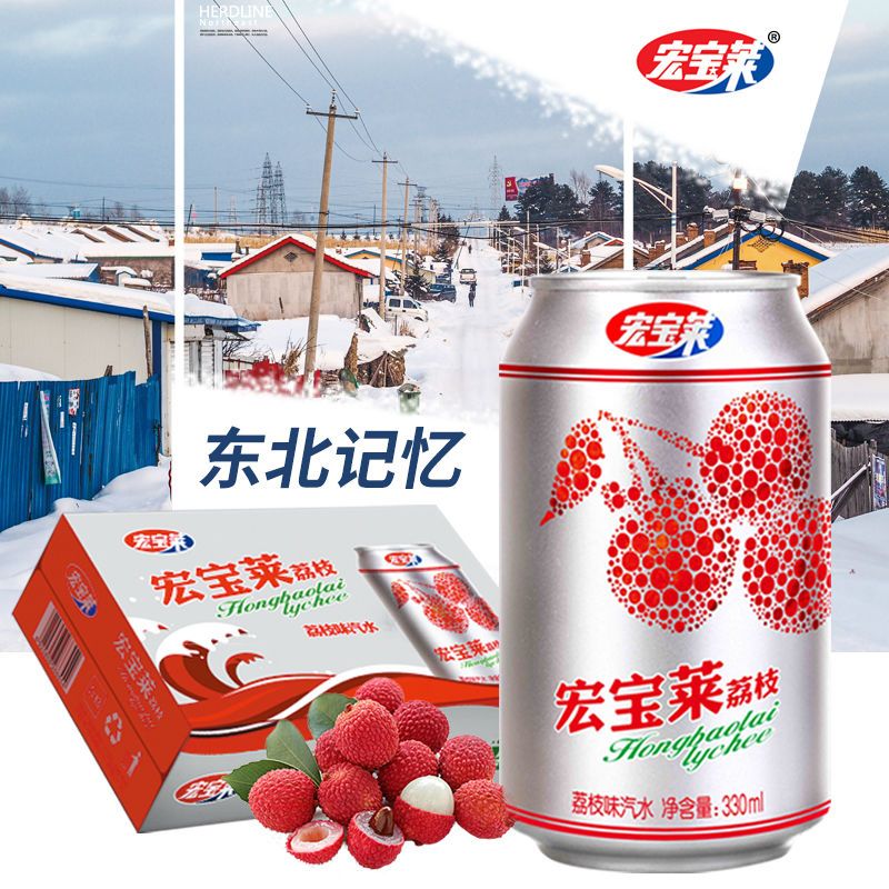 宏宝莱荔枝桔子橘子饮料汽水东北网红330ml126罐什锦味整箱批发