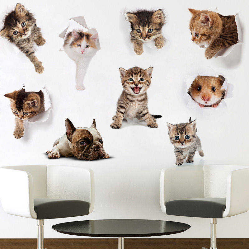 可爱卡通小动物猫咪贴画墙壁纸自粘客厅卧室儿童房间贴纸橱柜冰箱
